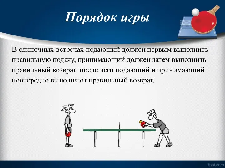 Порядок игры В одиночных встречах подающий должен первым выполнить правильную подачу, принимающий