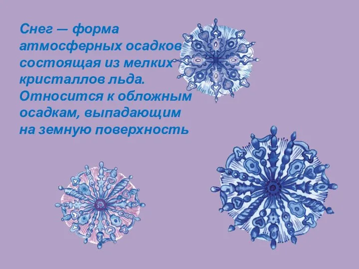 Снег — форма атмосферных осадков, состоящая из мелких кристаллов льда. Относится к