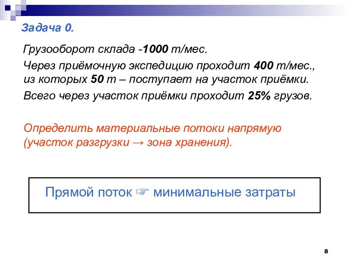 Задача 0. Грузооборот склада -1000 т/мес. Через приёмочную экспедицию проходит 400 т/мес.,