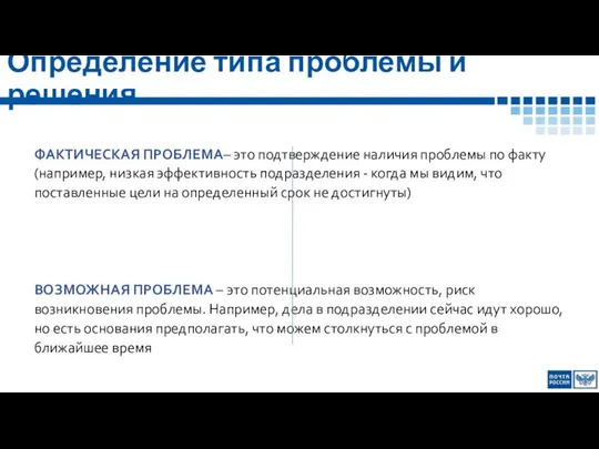 Определение типа проблемы и решения ФАКТИЧЕСКАЯ ПРОБЛЕМА– это подтверждение наличия проблемы по