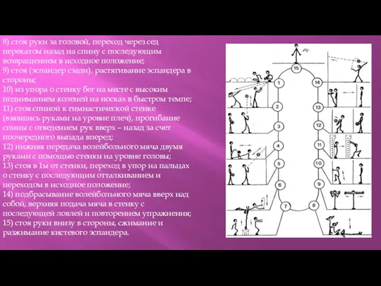 8) стоя руки за головой, переход через сед перекатом назад на спину