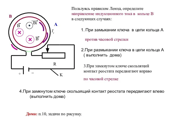 + _ R B A Пользуясь правилом Ленца, определите направление индукционного тока