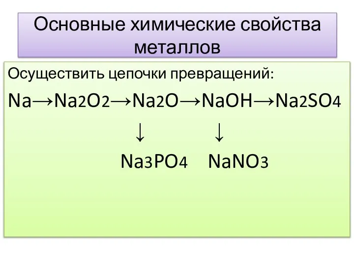 Основные химические свойства металлов Осуществить цепочки превращений: Na→Na2O2→Na2O→NaOH→Na2SO4 ↓ ↓ Na3PO4 NaNO3