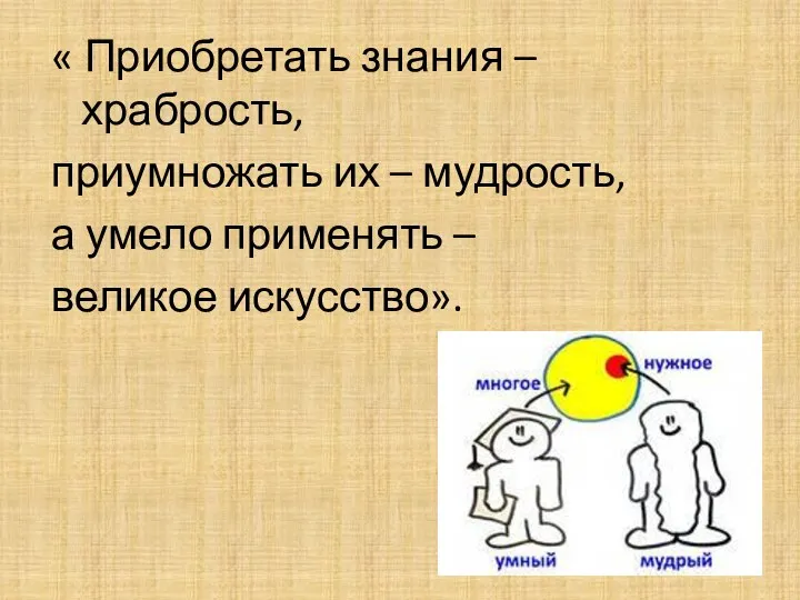 « Приобретать знания – храбрость, приумножать их – мудрость, а умело применять – великое искусство».