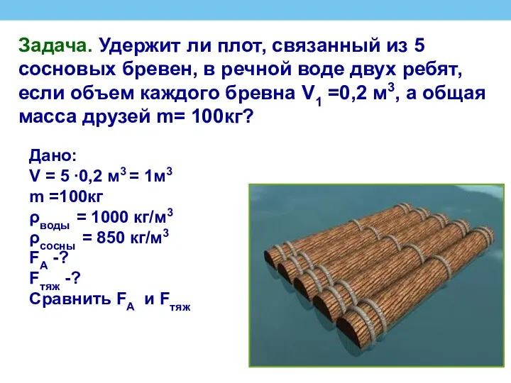 Задача. Удержит ли плот, связанный из 5 сосновых бревен, в речной воде