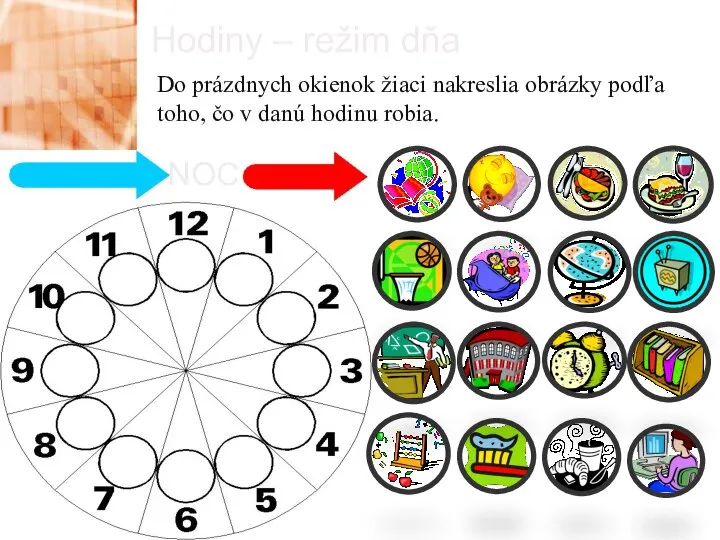 Hodiny – režim dňa Do prázdnych okienok žiaci nakreslia obrázky podľa toho,