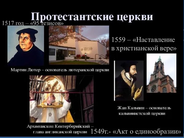 1517 год – «95 тезисов» 1559 – «Наставление в христианской вере» 1549г.- «Акт о единообразии»