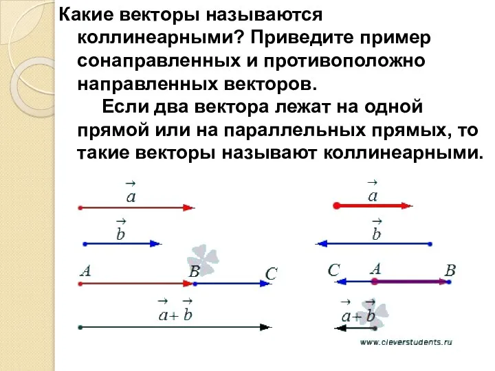 Какие векторы называются коллинеарными? Приведите пример сонаправленных и противоположно направленных векторов. Если