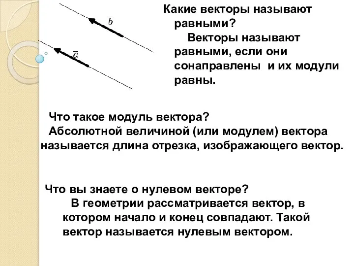 Что такое модуль вектора? Абсолютной величиной (или модулем) вектора называется длина отрезка,