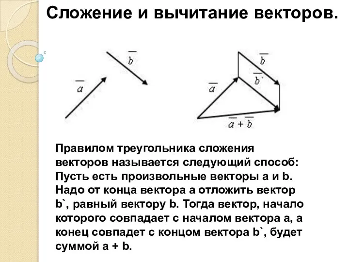 Сложение и вычитание векторов. Правилом параллелограмма сложения векторов называется следующий способ: Пусть