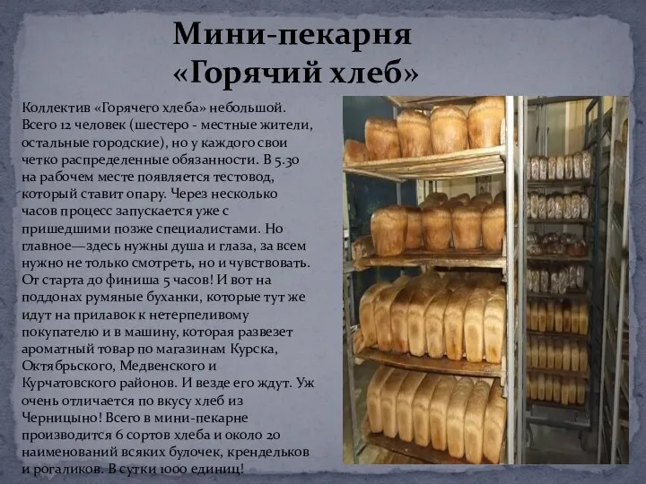 Мини-пекарня «Горячий хлеб» Коллектив «Горячего хлеба» небольшой. Всего 12 человек (шестеро -