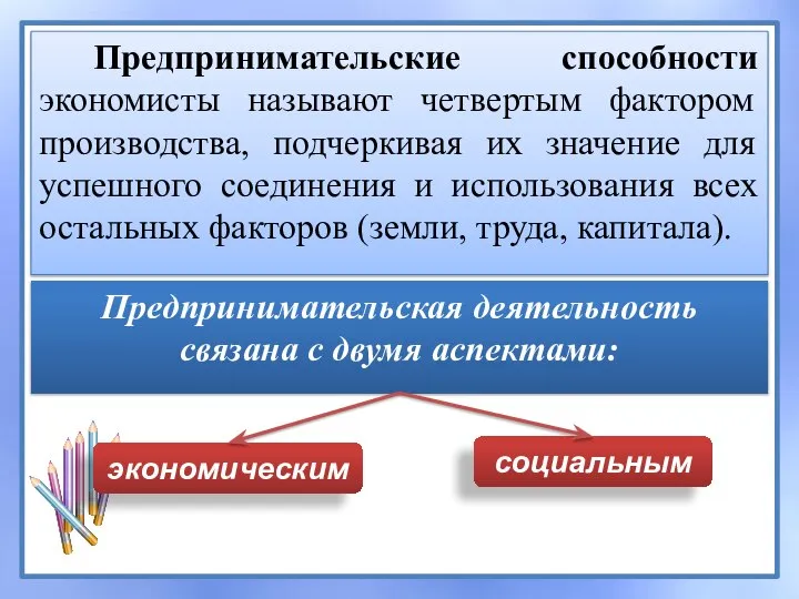 Предпринимательские способности экономисты называют четвертым фактором производства, подчеркивая их значение для успешного