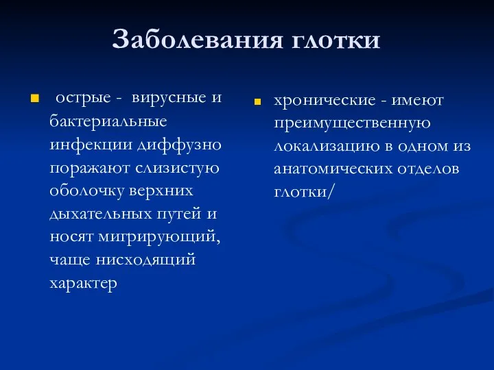 Заболевания глотки острые - вирусные и бактериальные инфекции диффузно поражают слизистую оболочку