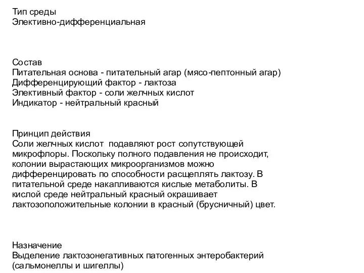 Тип среды Элективно-дифференциальная Состав Питательная основа - питательный агар (мясо-пептонный агар) Дифференцирующий