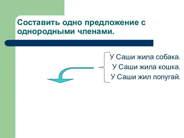 Составить одно предложение с однородными членами. У Саши жила собака. У Саши