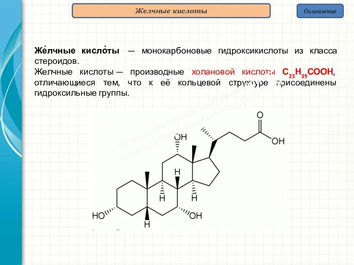 Оглавление Желчные кислоты Же́лчные кисло́ты — монокарбоновые гидроксикислоты из класса стероидов. Желчные