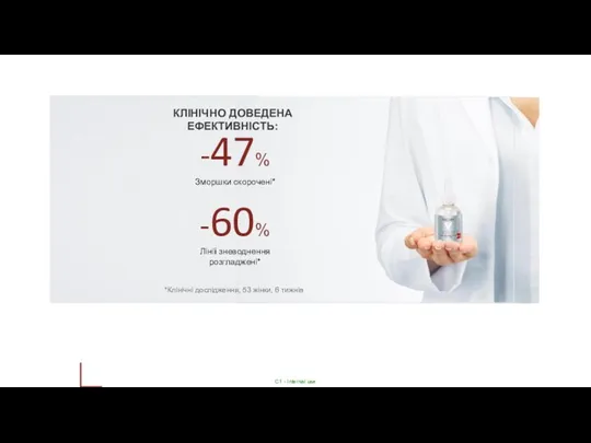 КЛІНІЧНО ДОВЕДЕНА ЕФЕКТИВНІСТЬ: -47% Зморшки скорочені* -60% Лінії зневоднення розгладжені* *Клінічні дослідження, 53 жінки, 6 тижнів