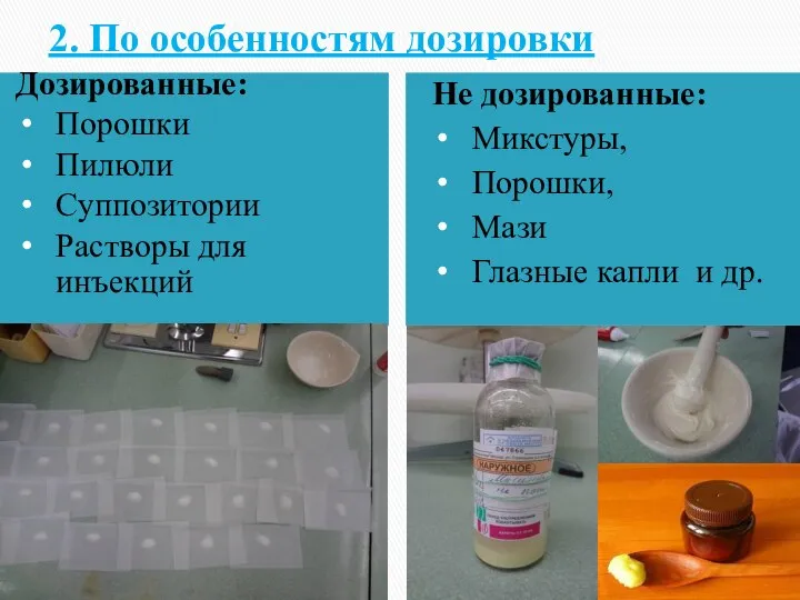 2. По особенностям дозировки Дозированные: Порошки Пилюли Суппозитории Растворы для инъекций Не