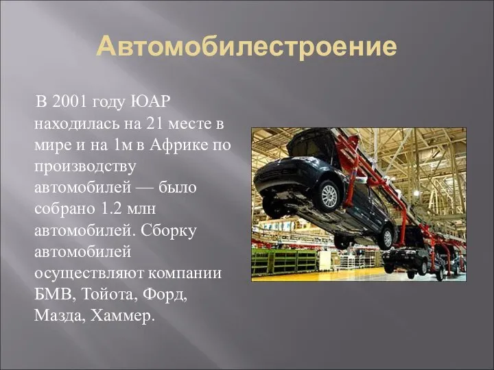 Автомобилестроение В 2001 году ЮАР находилась на 21 месте в мире и