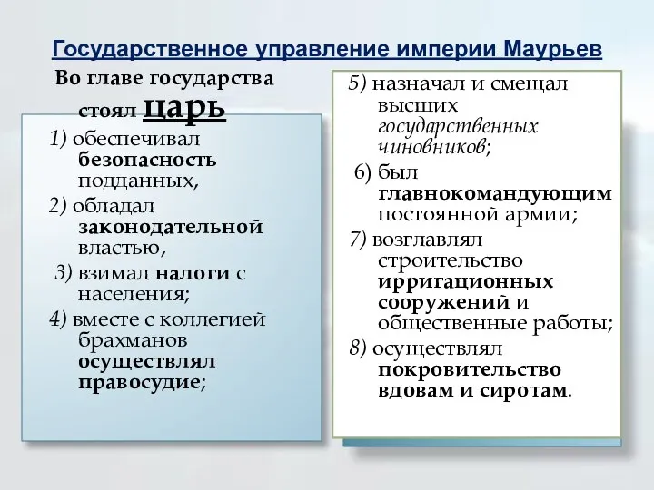 Государственное управление империи Маурьев Во главе государства стоял царь 1) обеспечивал безопасность