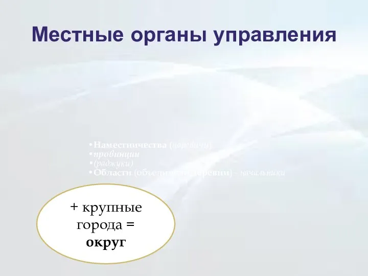 Местные органы управления Наместничества (царевичи) провинции (раджуки) Области (объединяли деревни) - начальники