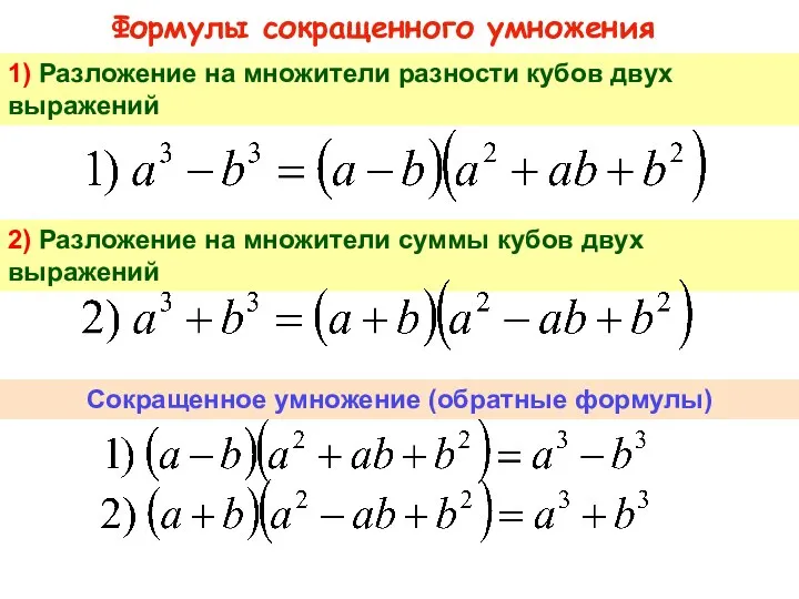 Формулы сокращенного умножения 1) Разложение на множители разности кубов двух выражений Сокращенное