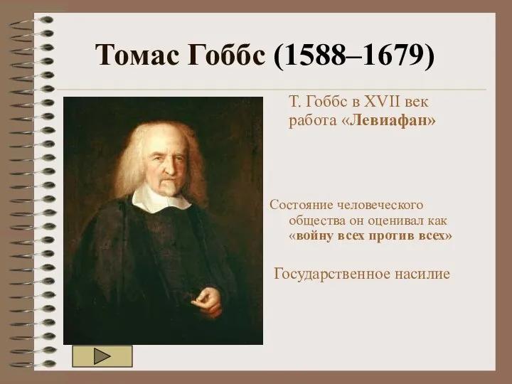 Томас Гоббс (1588–1679) Т. Гоббс в XVII век работа «Левиафан» Состояние человеческого