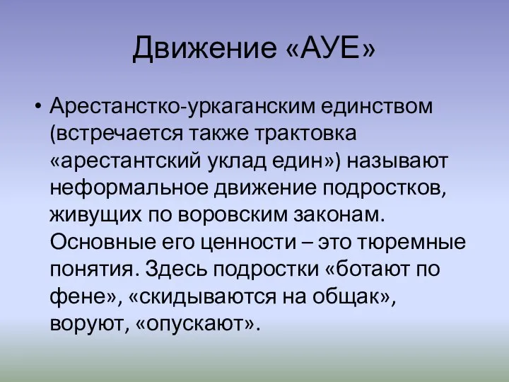 Движение «АУЕ» Арестанстко-уркаганским единством (встречается также трактовка «арестантский уклад един») называют неформальное