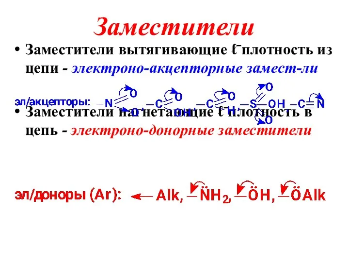 Заместители Заместители вытягивающие ℓ⁻плотность из цепи - электроно-акцепторные замест-ли Заместители нагнетающие ℓ⁻плотность