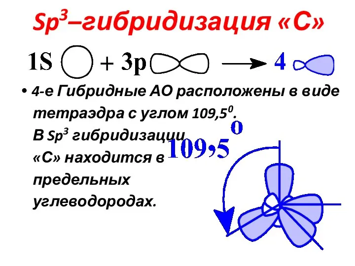 Sp3–гибридизация «С» 4-е Гибридные АО расположены в виде тетраэдра с углом 109,50.