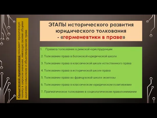 ЭТАПЫ исторического развития юридического толкования - «герменевтики в праве» Правила толкования в