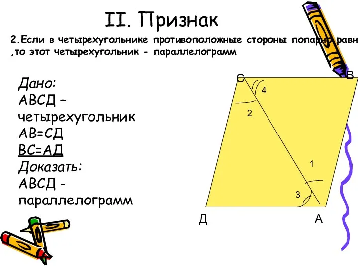 II. Признак 2 1 С Д В А 2.Если в четырехугольнике противоположные