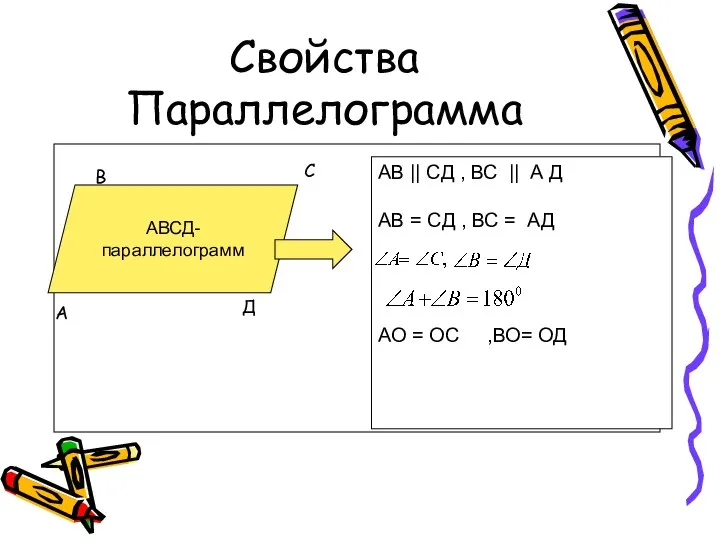 Свойства Параллелограмма АВСД- параллелограмм АВ || CД , ВС || А Д