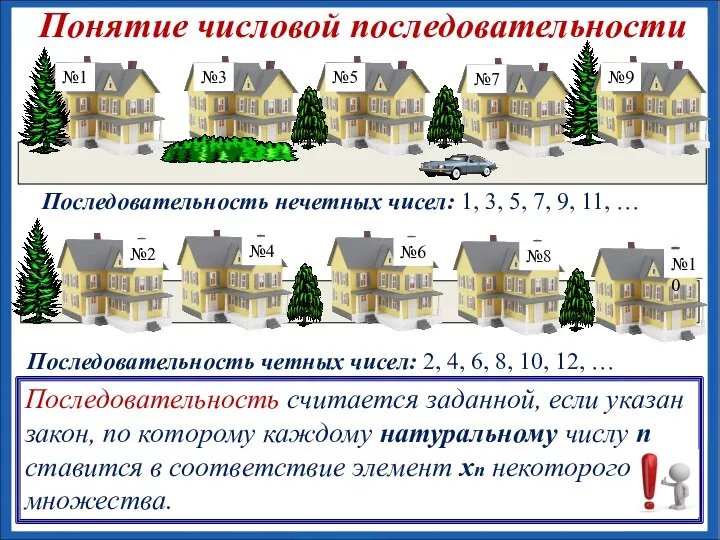 Последовательность нечетных чисел: 1, 3, 5, 7, 9, 11, … Последовательность четных