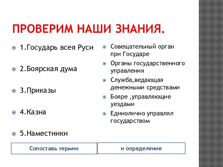 ПРОВЕРИМ НАШИ ЗНАНИЯ. Сопоставь термин и определение 1.Государь всея Руси 2.Боярская дума