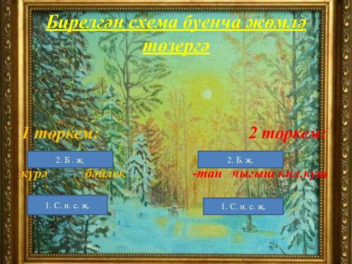 Бирелгән схема буенча җөмлә төзергә 1 төркем: күрә бәйлек 2 төркем: -тан