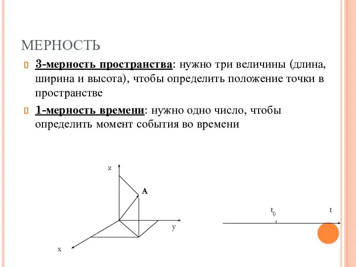 МЕРНОСТЬ 3-мерность пространства: нужно три величины (длина, ширина и высота), чтобы определить