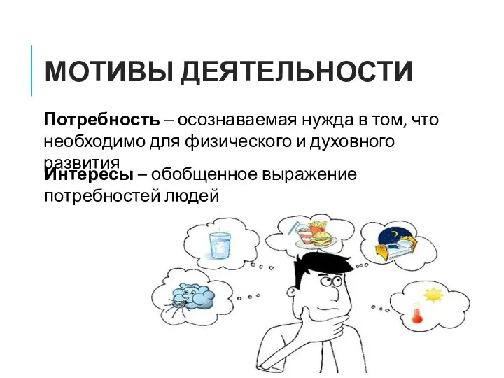 МОТИВЫ ДЕЯТЕЛЬНОСТИ Потребность – осознаваемая нужда в том, что необходимо для физического