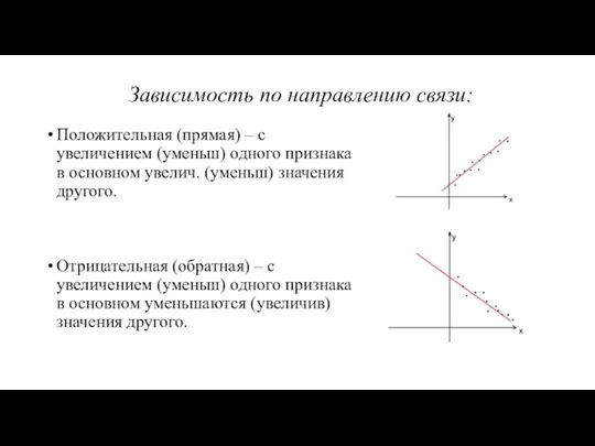 Зависимость по направлению связи: Положительная (прямая) – с увеличением (уменьш) одного признака