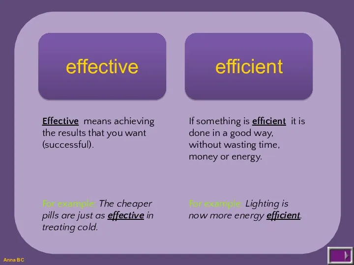 effective efficient Effective means achieving the results that you want (successful). For