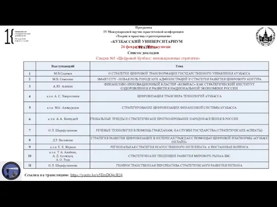 Программа IV Международной научно-практической конференции «Теория и практика стратегирования» «КУЗБАССКИЙ УНИВЕРСИТАРИУМ СТРАТЕГА»