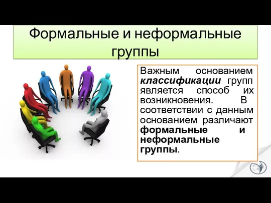 Формальные и неформальные группы Важным основанием классификации групп является способ их возникновения.