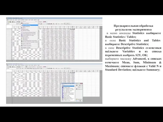 Предварительная обработка результатов эксперимента в меню команды Statistics выбираете Basic Statistics /