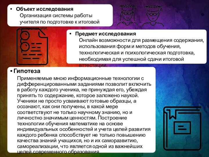 Гипотеза Применяемые мною информационные технологии с дифференцированными заданиями позволит включить в работу