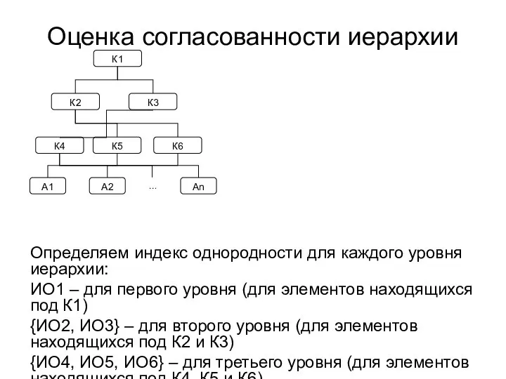 Оценка согласованности иерархии Определяем индекс однородности для каждого уровня иерархии: ИО1 –