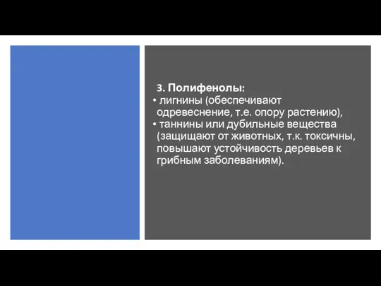 3. Полифенолы: лигнины (обеспечивают одревеснение, т.е. опору растению), таннины или дубильные вещества