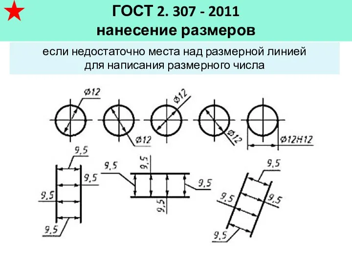 ГОСТ 2. 307 - 2011 нанесение размеров если недостаточно места над размерной