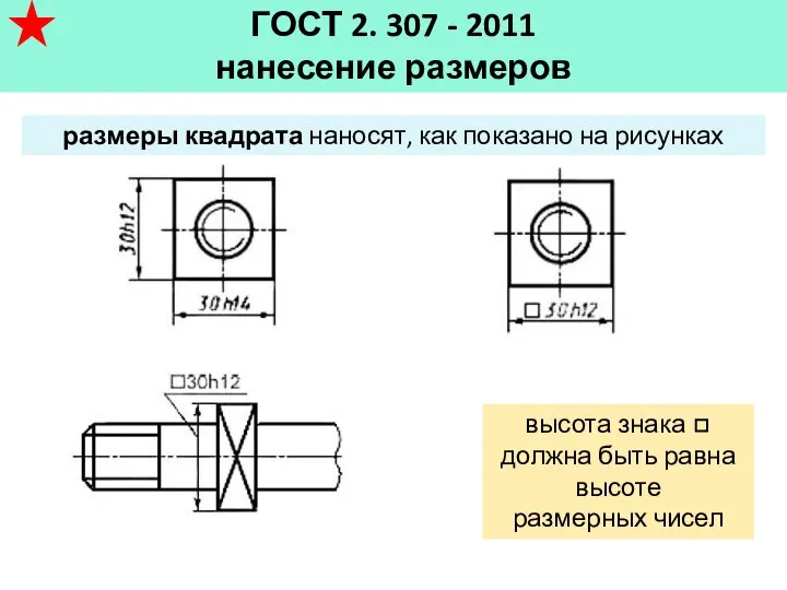 ГОСТ 2. 307 - 2011 нанесение размеров размеры квадрата наносят, как показано