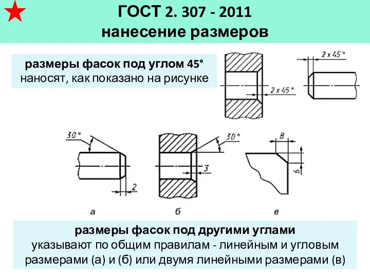 ГОСТ 2. 307 - 2011 нанесение размеров размеры фасок под углом 45°