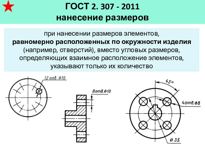 ГОСТ 2. 307 - 2011 нанесение размеров при нанесении размеров элементов, равномерно